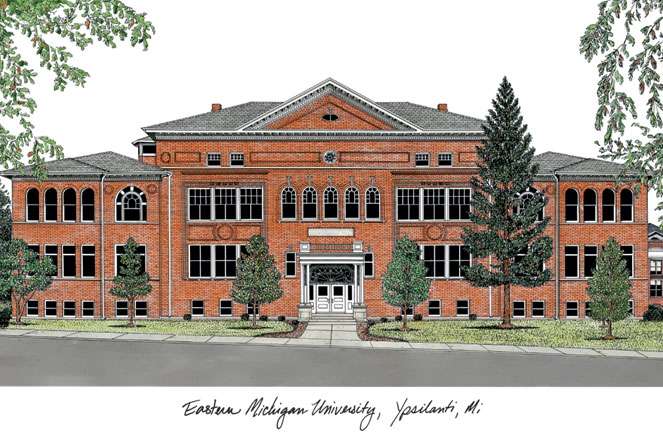 Eastern Michigan University 10w x 8h Manhattan Black Single Mat Gold Embossed Diploma Frame with Bonus Campus Images Lithograph (value savings at $59)