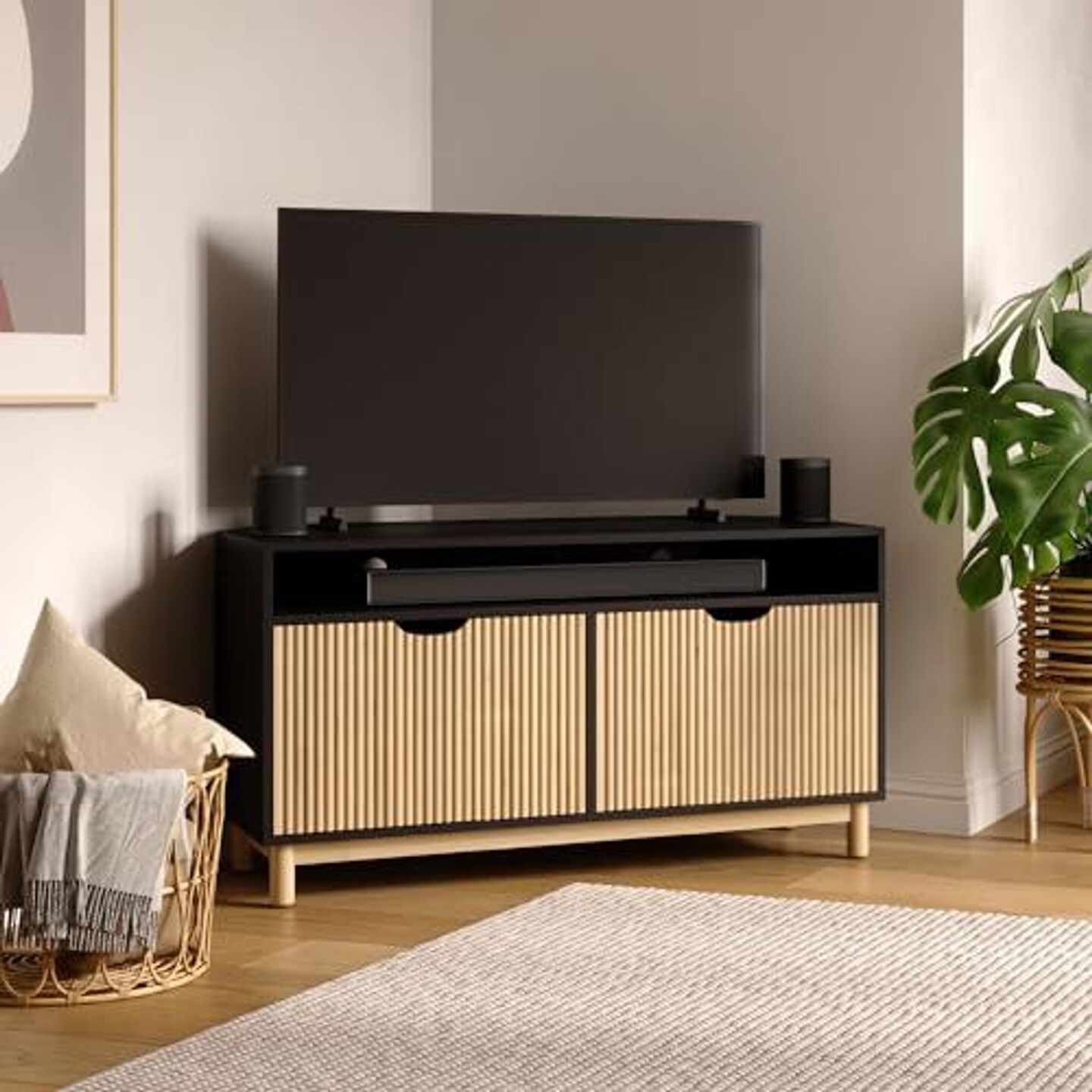 Fluted Corner TV Stand - 43&#x201D; Corner Entertainment Center with Storage - Corner Media Console Table for Living Room and Bedrooms - Supports 32 to 50&#x22; TVs - Soft Close Hinges (Black &#x26; Natural Oak)