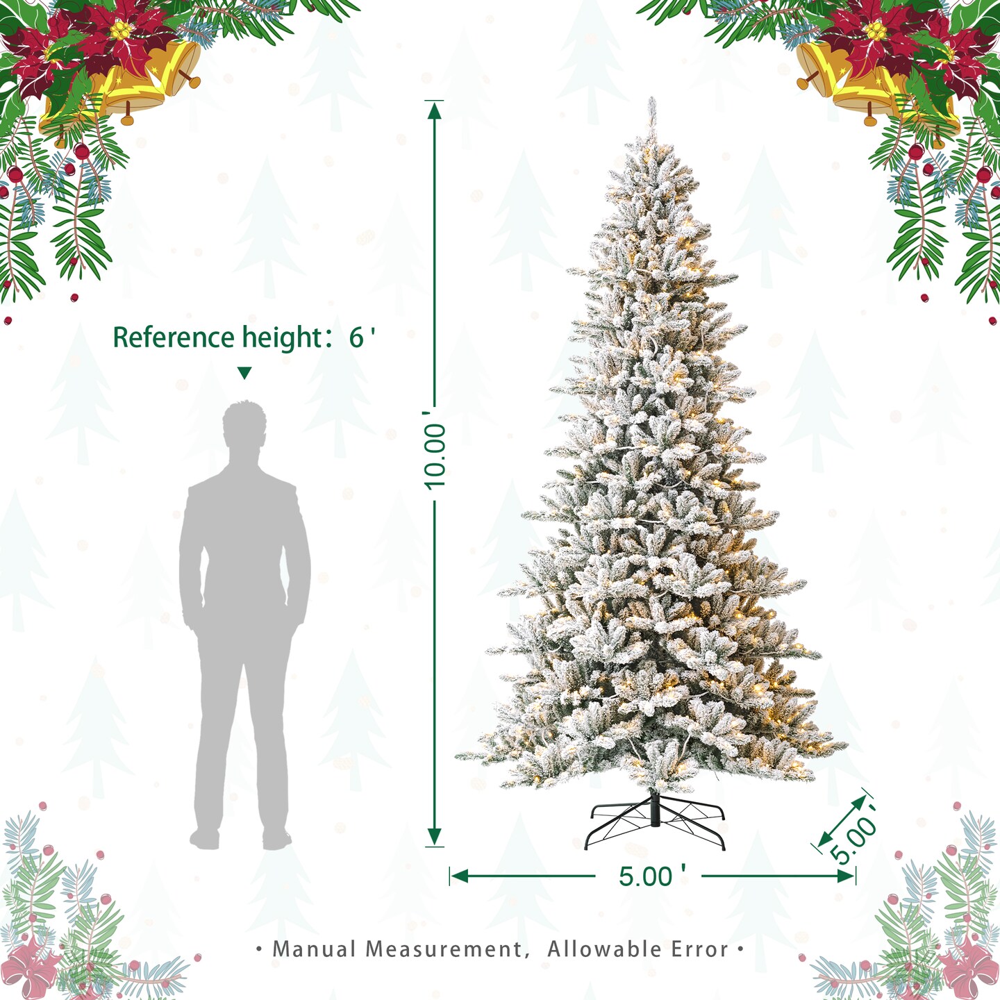 11FT/10FT Pre-Lit Full-size Flocked Fir Artificial Christmas Tree With Warm White Lights, With Remote Control