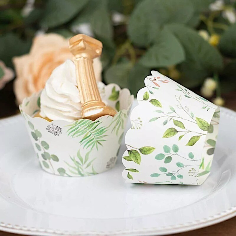 25 White Green Eucalyptus Leaves Print Cupcake Liners Muffin Wrappers Events