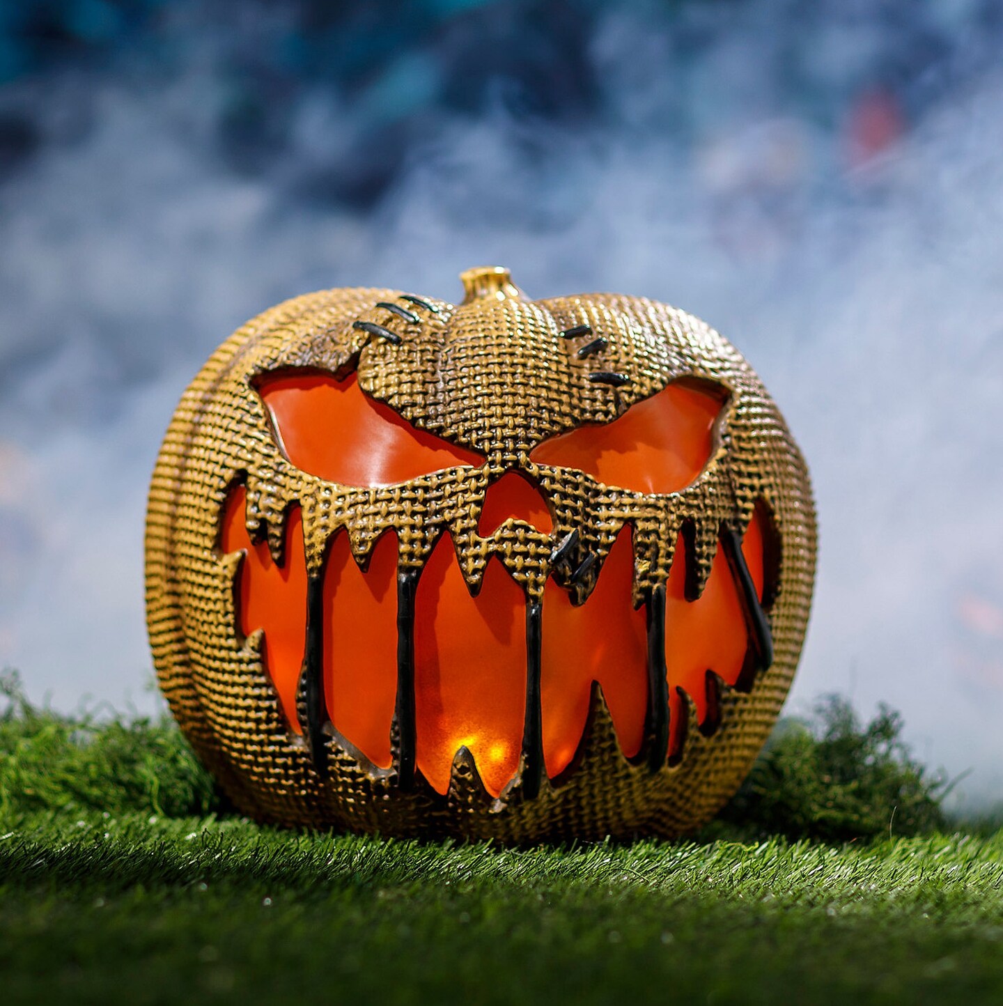 Animated Flaming Burlap Pumpkin Halloween Decoration 14&#x22;