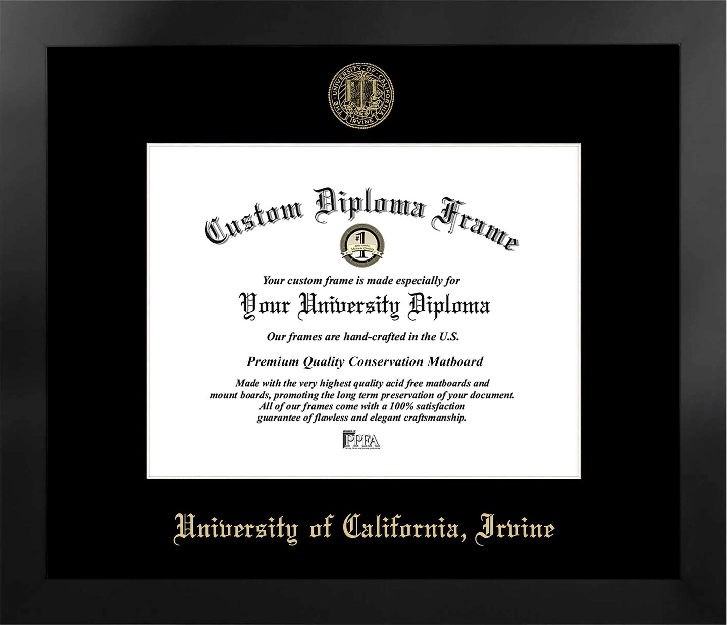University of California, Irvine 11w x 8.5h Manhattan Black Single Mat Gold Embossed Diploma Frame with Bonus Campus Images Lithograph (value savings at $59)
