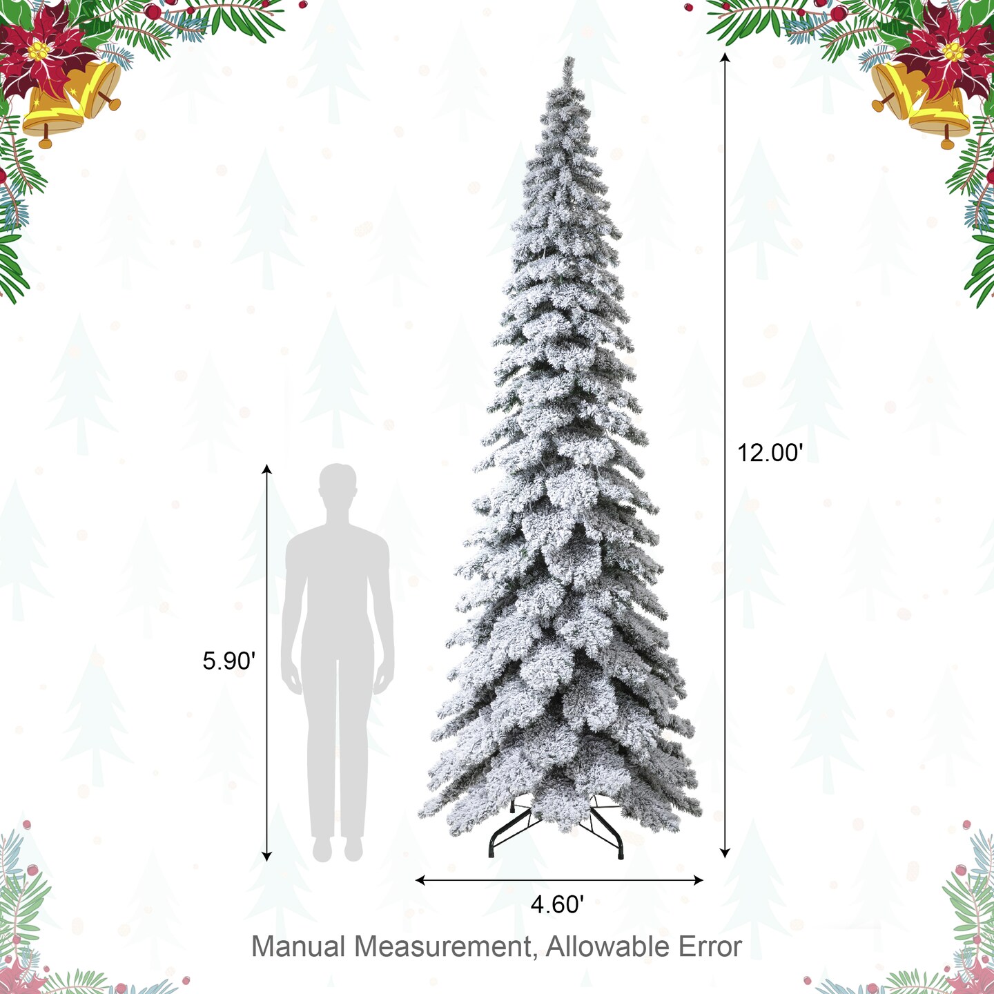 12FT Pre-Lit Flocked Layered Slim Spruce Artificial Christmas Tree With Warm White Lights