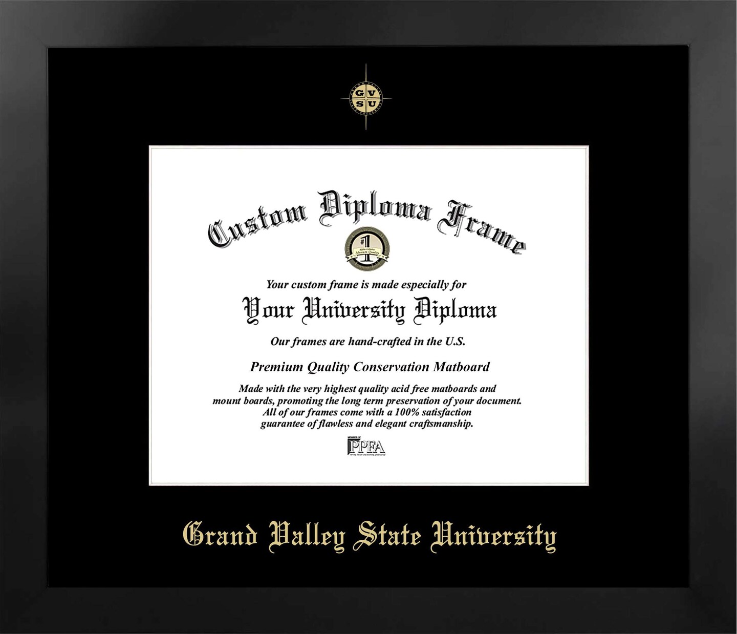 Grand Valley State University 9w x 7h Manhattan Black Single Mat Gold Embossed Diploma Frame with Bonus Campus Images Lithograph (value savings at $59)