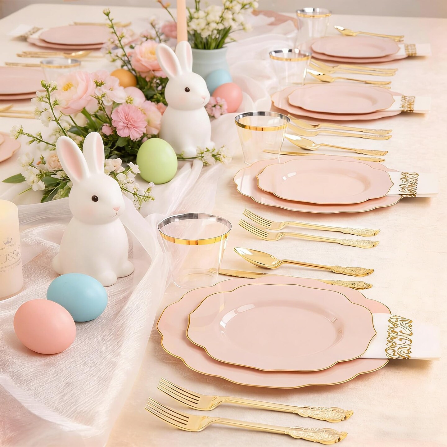 175PCS Pink Plates with Gold Disposable Silverware - Include 50 Pink Plastic Plates,25 Knives,25 Forks,25 Spoons,25 Cups and 25 Napkins - Ideal for Party/Wedding/Easter Day