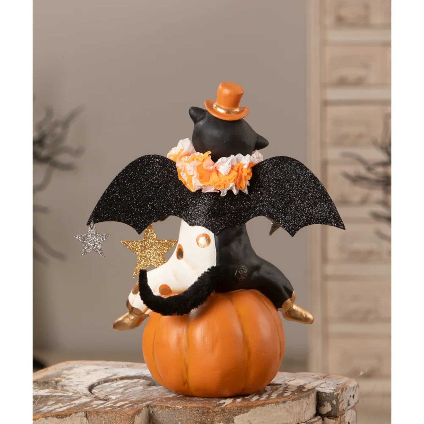 Bethany Lowe 10.0 Inch Clowning Cat On Jack Halloween Figurine , Portable Halloween Decor Halloween Pumpkin