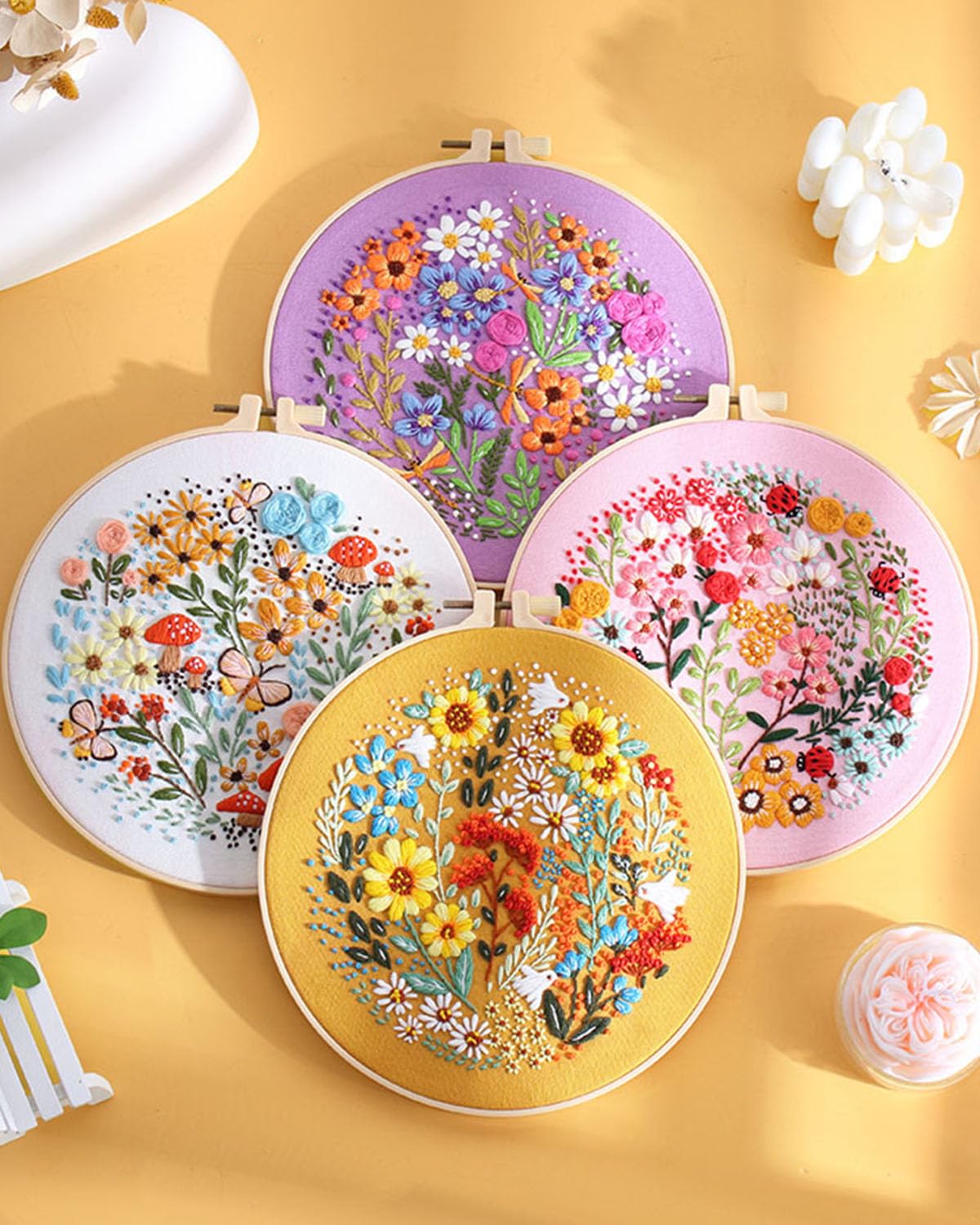 4 Sets Embroidery Kit for Beginners,Hummingbird and Flower Cross Stitch Set for Include Embroidery Cloth Hoops Threads for Craft Lover Hand Stitch (Flower)