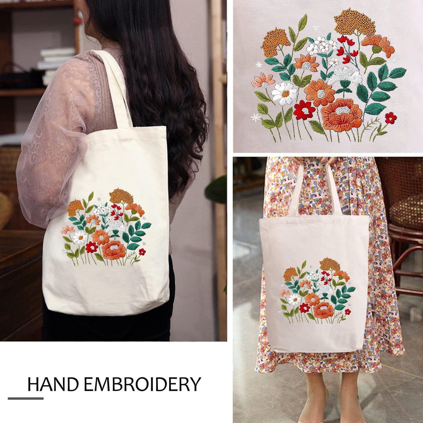 Canvas Tote Bag Embroidery Kit with Pattern for Beginners, Arts and DIY Crafts Kits for Adults, Include Instructions Embroidery Bag, Embroidery Hoops, Color Threads and Tool