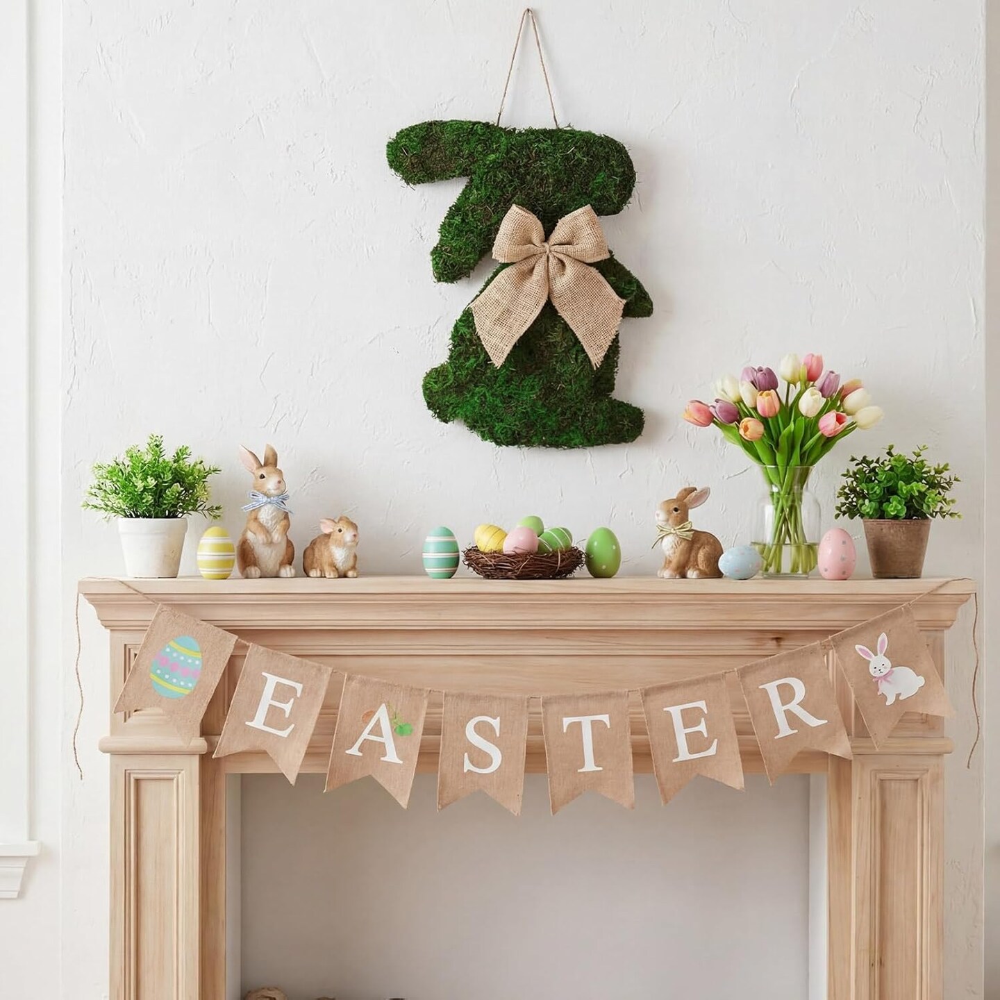 Easter Moss Bunny Wreath for Front Door – Faux Moss Wooden Bunny Sign with Burlap Bow, Spring Farmhouse Hanging Decor for Porch, Wall, Indoor & Outdoor