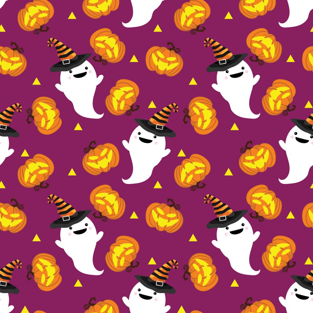 Halloween Happy Ghosts and Pumpkins on Purple 100% Cotton Fabric