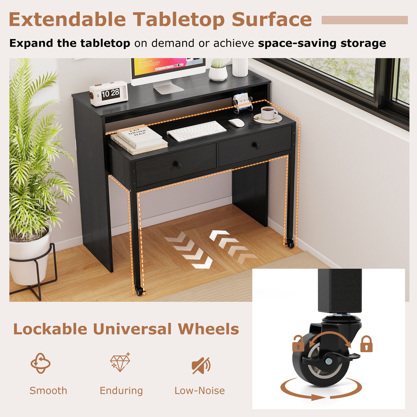 Extendable Home Office Computer Desk with 2 Drawers and Rolling Base