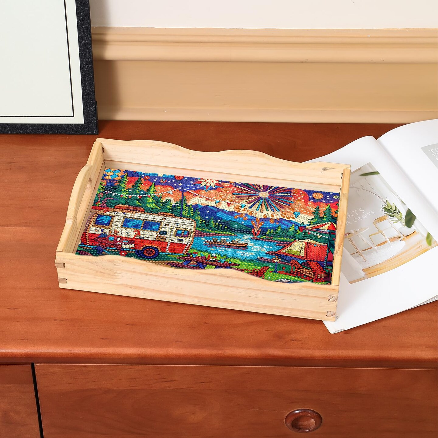 5D Diamond Art Kits for Adults Wooden Serving Tray with Handle Special Diamond Painting Plate Big Gem Dots Paint by Numbers Crafts Kits for Living Room Carnival 7.8x11.8 Inches