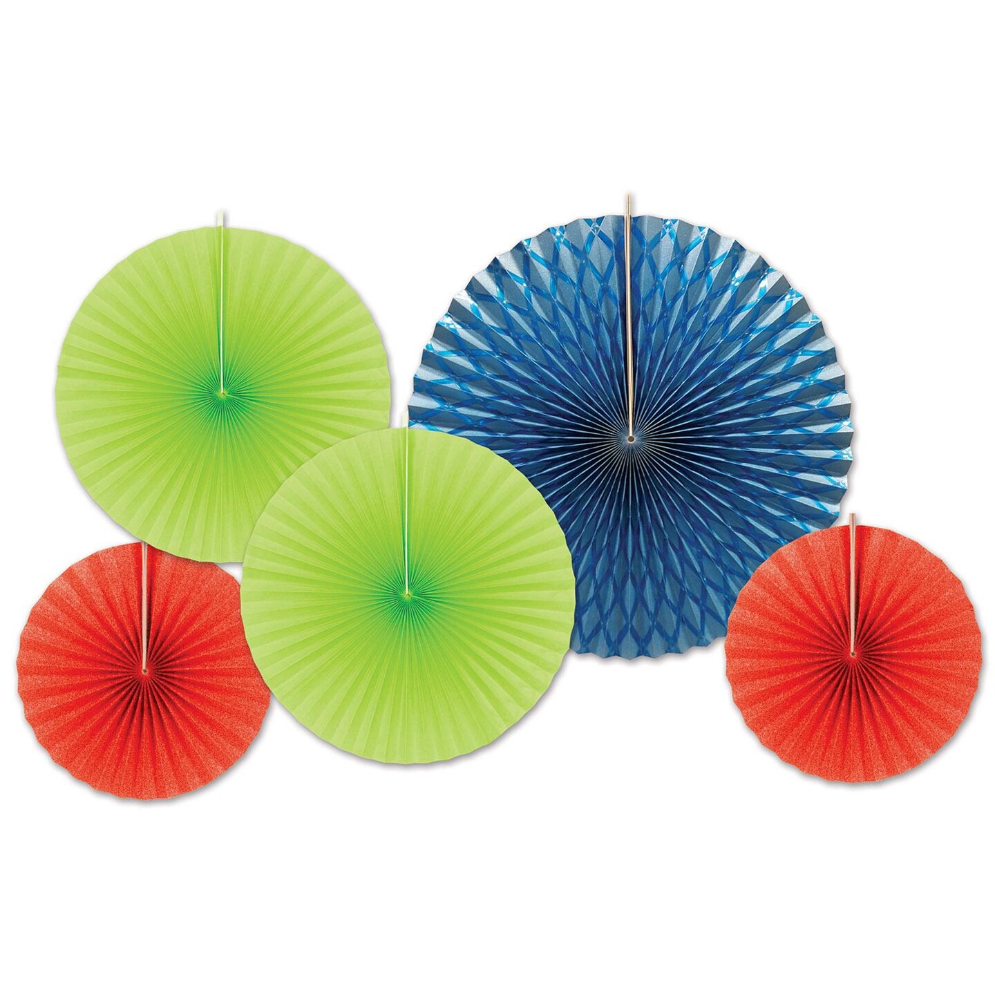 60 Piece Beistle Paper/Foil Decorative Fans - Asst red - blue - lime green