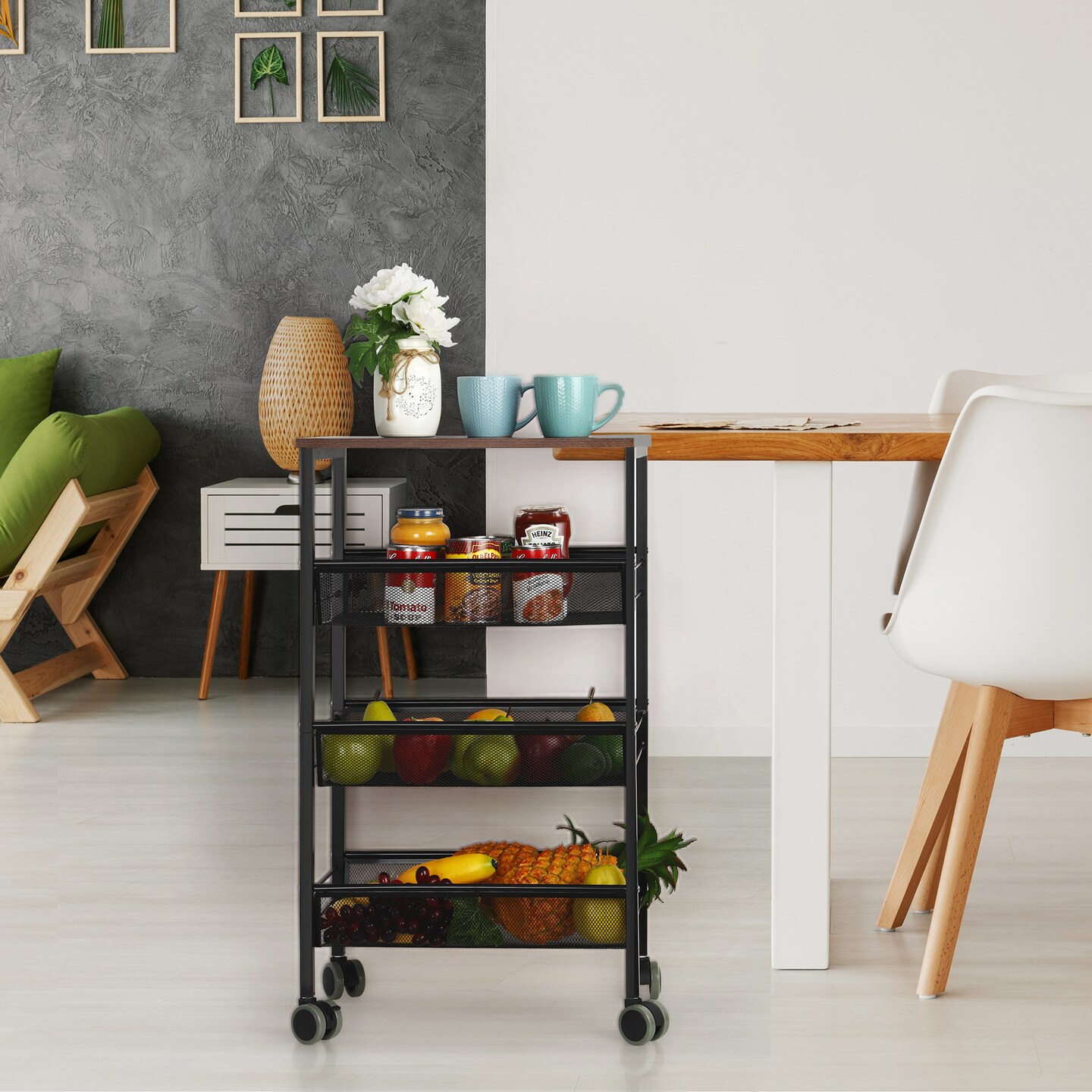 Rustic Kitchen Storage Cart, 4 Tier Kitchen Cart on Wheels, Metal Mesh Storage Pantry Cart with Lockable Wheels, Wood Look Top and Metal Frame