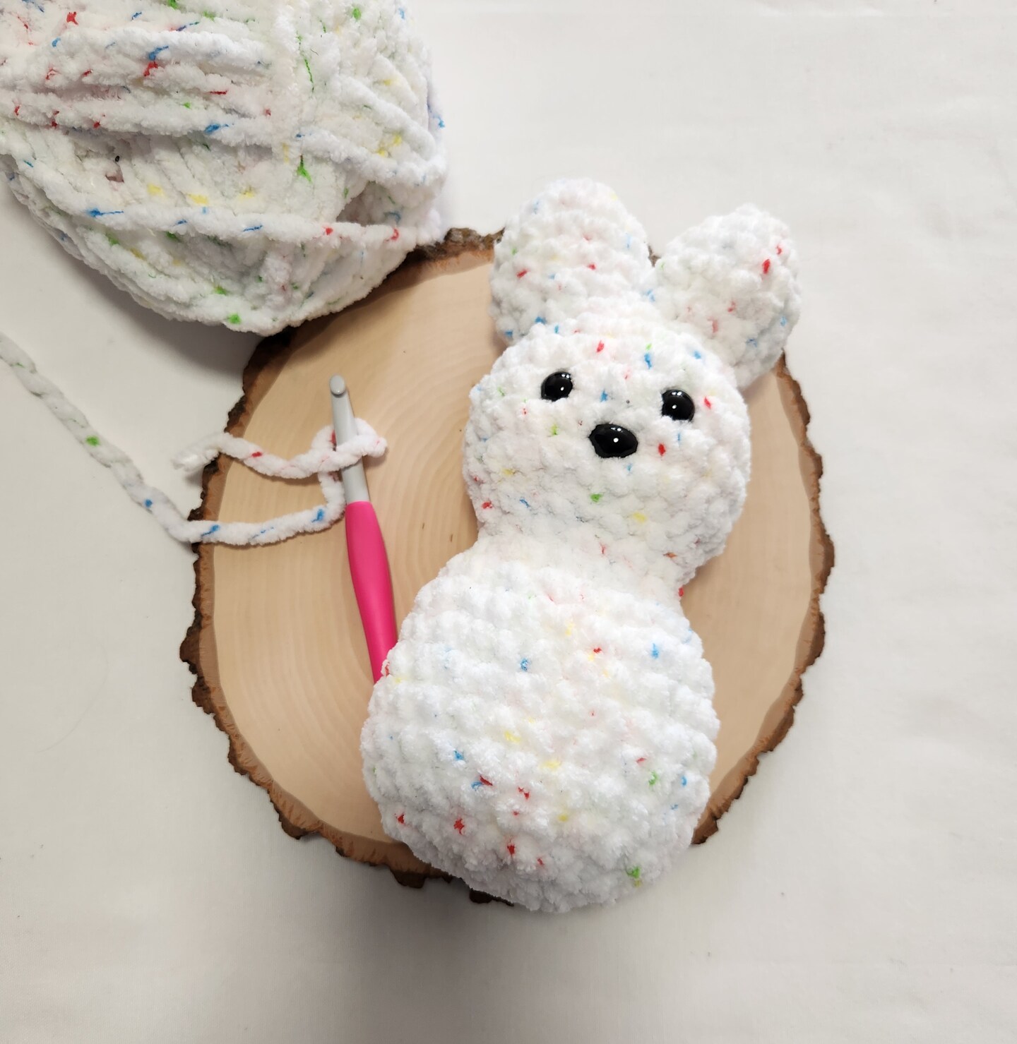 product name is Crochet marshmallow bunny amigurumi white confetti