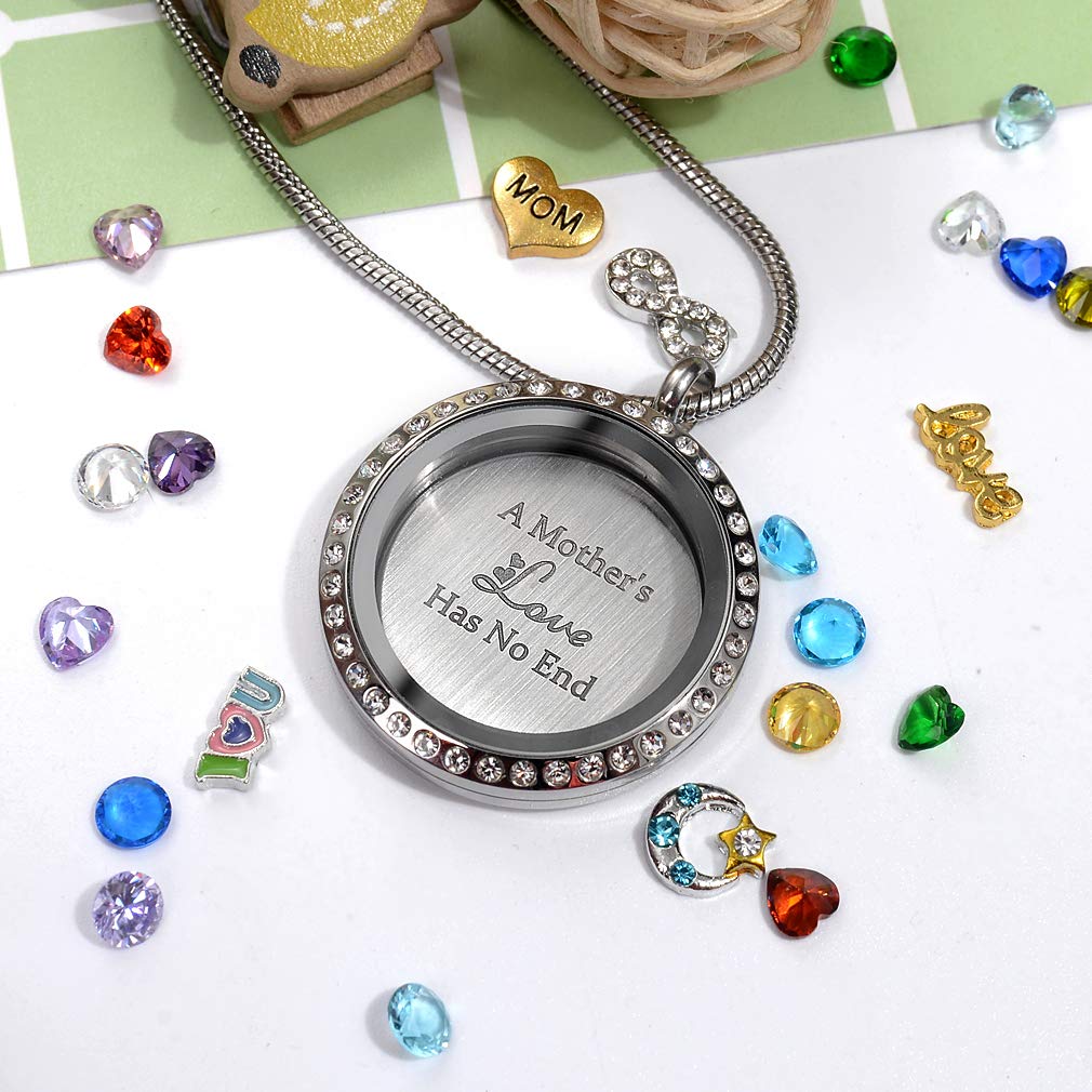 A Mothers Love Has No End Floating Locket Necklace Pendant with Charms & 24PCS Birthstones, Mother's Day Birthday Xmas Gifts