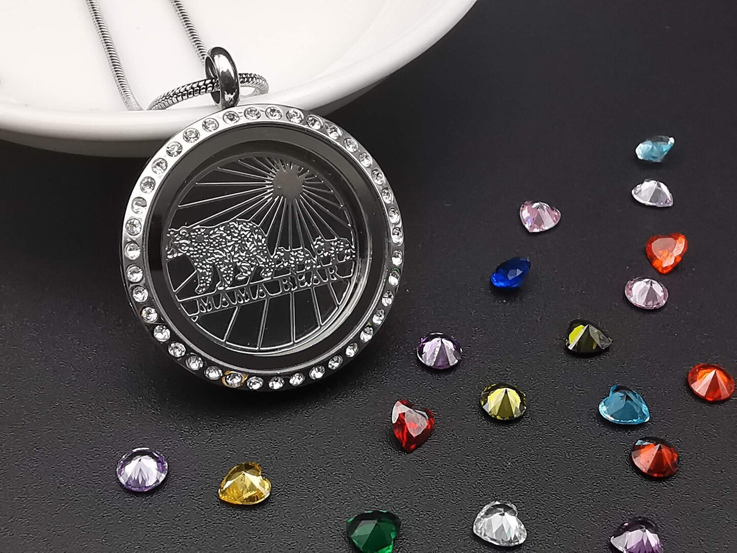Mama Bear Necklace with Two 2 Cubs Necklace for Women, Floating Locket Pendant with 24 Birthstones & Charms for Mummy Mother Family Mom Grandma