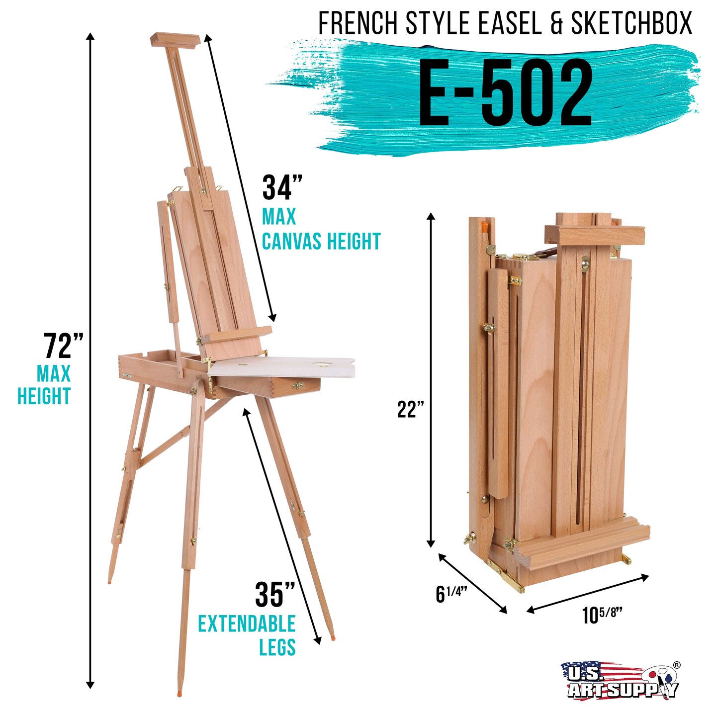 Coronado Small Box Wooden French Style Field &#x26; Studio Sketchbox Easel with Drawer, Beechwood, Artist Palette - Adjustable Wood Tripod Easel Stand