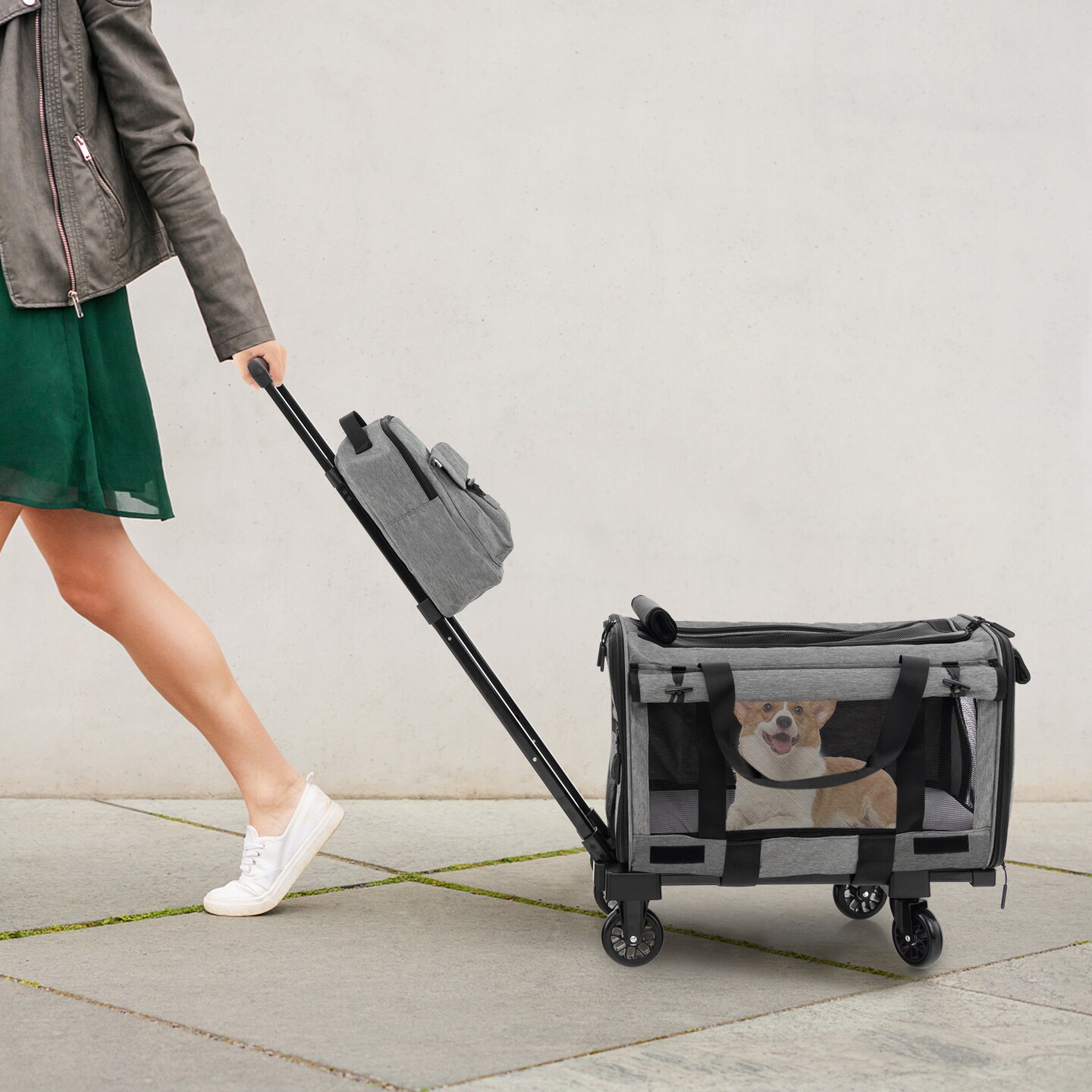 Rolling Cat Carrier with Dual-use Pads and Litter Bag-Grey