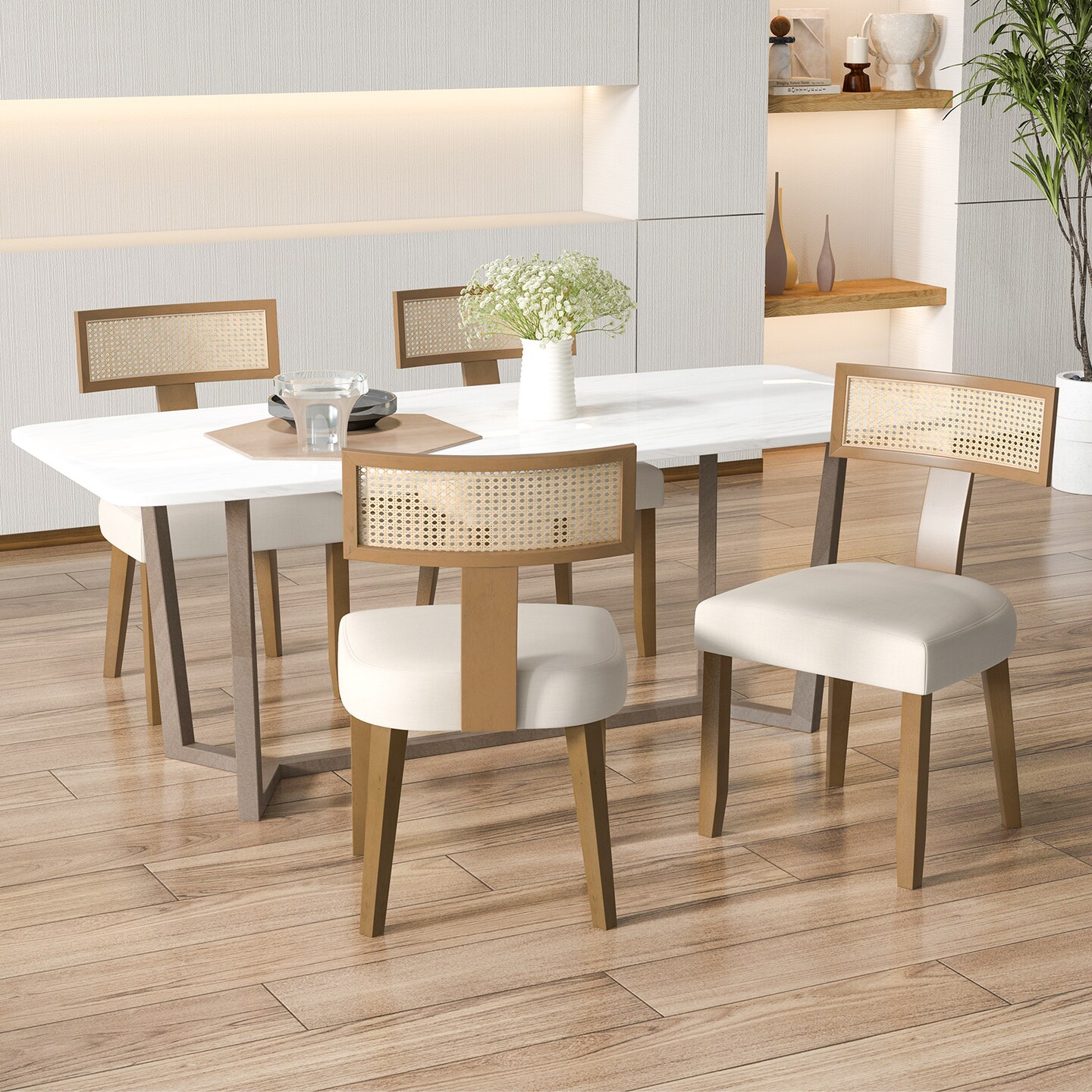 Set of 2 Linen Fabric Upholstered Accent Dining Chairs with Curved Rattan Backrests