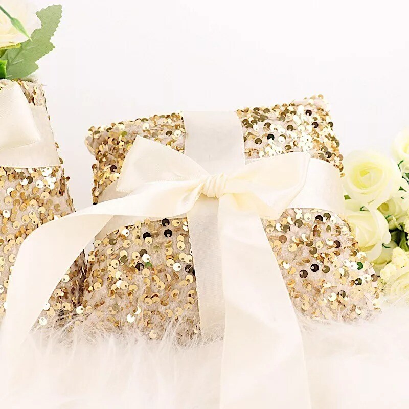 Velvet Ivory Champagne Sequin Flower Girl Basket and Ring Bearer Pillow Wedding