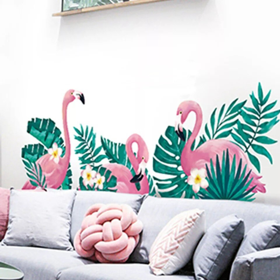 Pink Green Flamingo with Tropical Leaves Removable PVC Wall Stickers Living Room