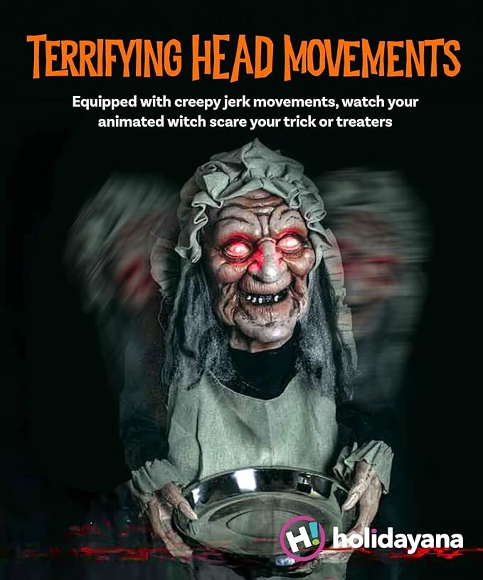 Halloween Animatronics Spooky Old Lady with Candy Dish. 5ft Animated Halloween Decoration. Old Lady Scary Halloween Decoration Outdoor Motion & Sound Activated
