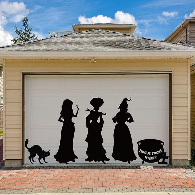Hocus Pocus Halloween Decorations Outdoor, 5Pcs Halloween Large Black Hocus Pocus Witches Cauldron Cat Silhouette with Led Lights for Outside Halloween Garage Door Wall Yard Lawn Decor