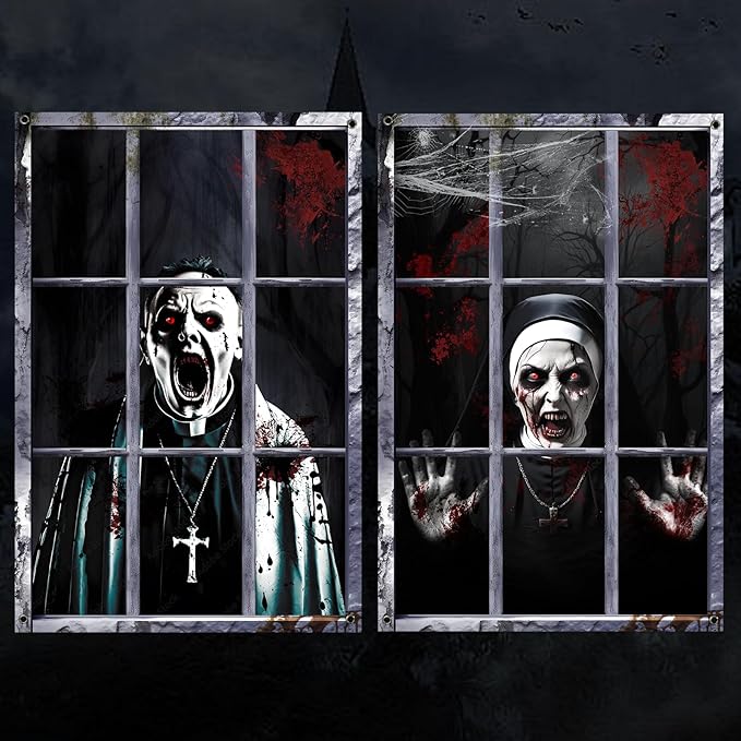 2 Pack Halloween Ghost Curtain Decorations Halloween Window Scary Male Female Blood Ghost Window Cover Halloween Window Poster for Indoor Outdoor Party Decor (Priest Ghost)