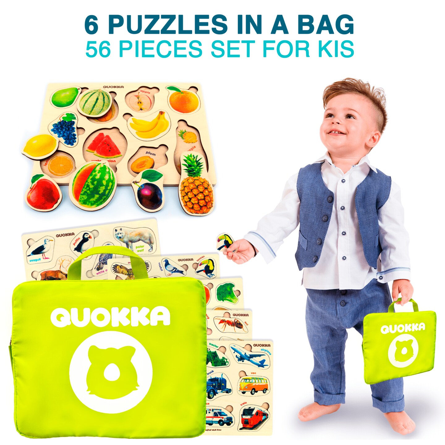 QUOKKA Toddler Puzzles Ages 2-4 in a Bag &#x2013; 6 Montessori Wooden Puzzles for Toddlers 3-5 Year Old &#x2013; Preschool Wood Game for Boys and Girls 4-6 &#x2013; Gift for Learning Realistic Animals Fruits Vehicles