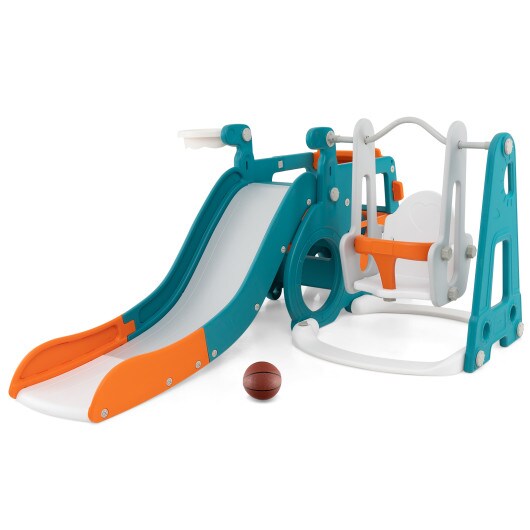 Multi Kids 5-in-1 Slide Swing Set with Mini Bus and Basketball Hoop