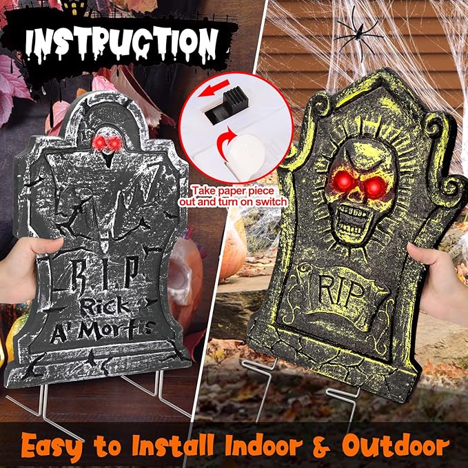 17&#x201D;Rip Tombstones Halloween Decorations with 2 Spiders &#x26; Spiderweb Light Up Headstones for Graves Metal Stakes Indoor Outdoor Scary Yard Sign Vintage Glow In The Dark Cemetery Lawn Decor