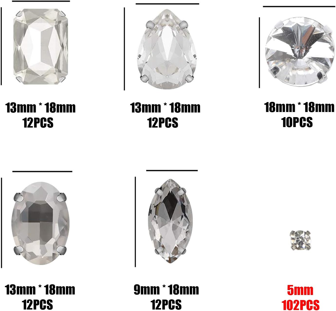 160PCS Crystal Clear Sew-On Rhinestones – Flatback & Claw Setting Gems for Crafts, Costume, Clothing, and Jewelry (Mixed Shapes)