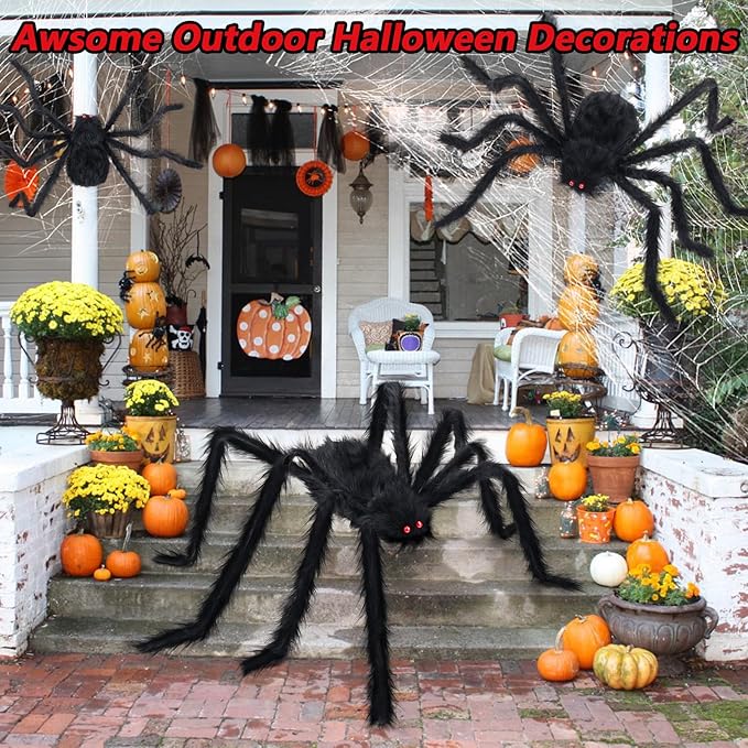 3PCS Giant Spiders Halloween Decorations for Indoor Outdoor Halloween Decor Fake Realistic Large Hairy Halloween Spiders for Outside Home Office Wall Yard Parties