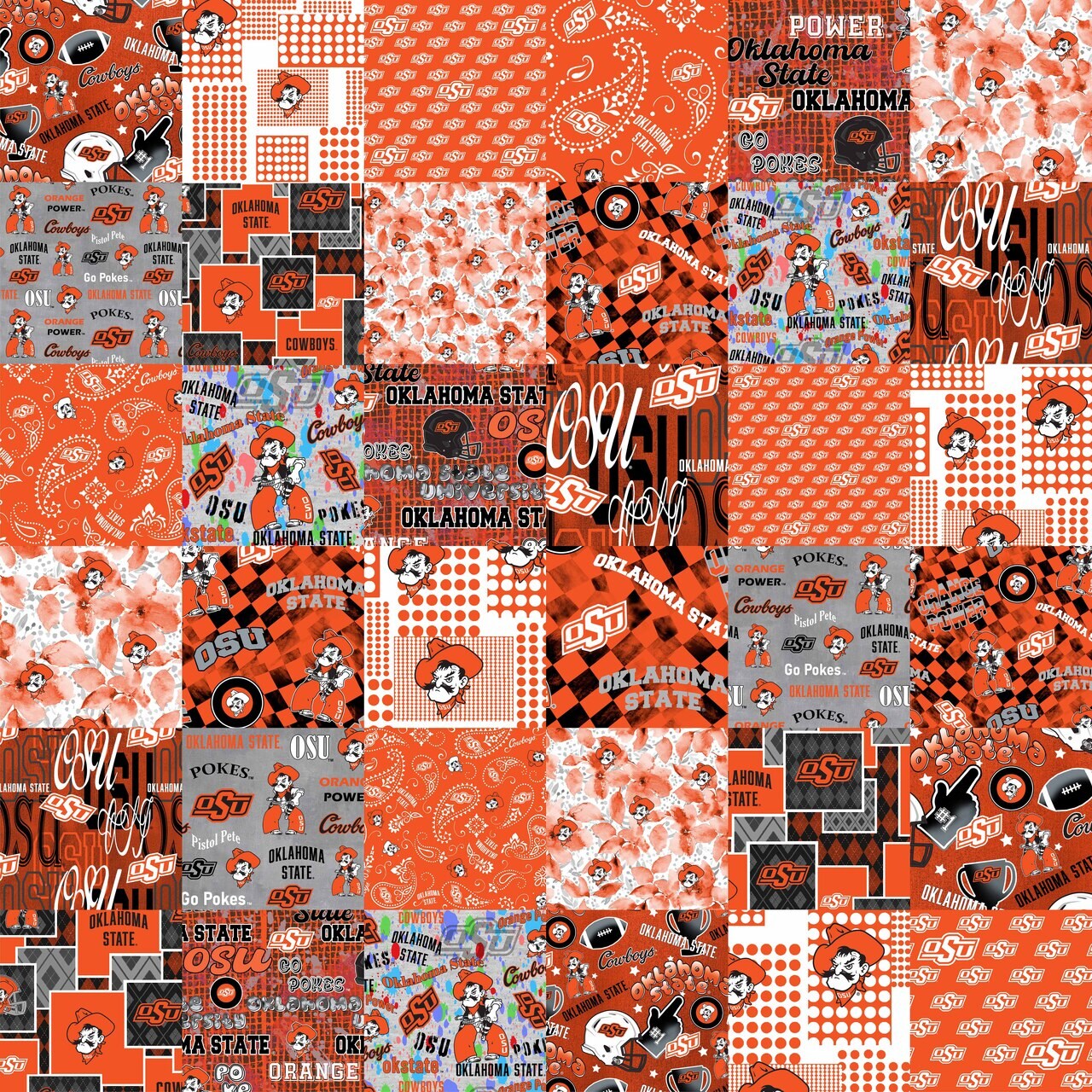 Sykel Enterprises-Oklahoma State University Cheater Quilt Printed Cotton Fabric-Oklahoma State OSU Cowboys Cotton Fabric with Patchwork Cheater Quilt Print-60” Width