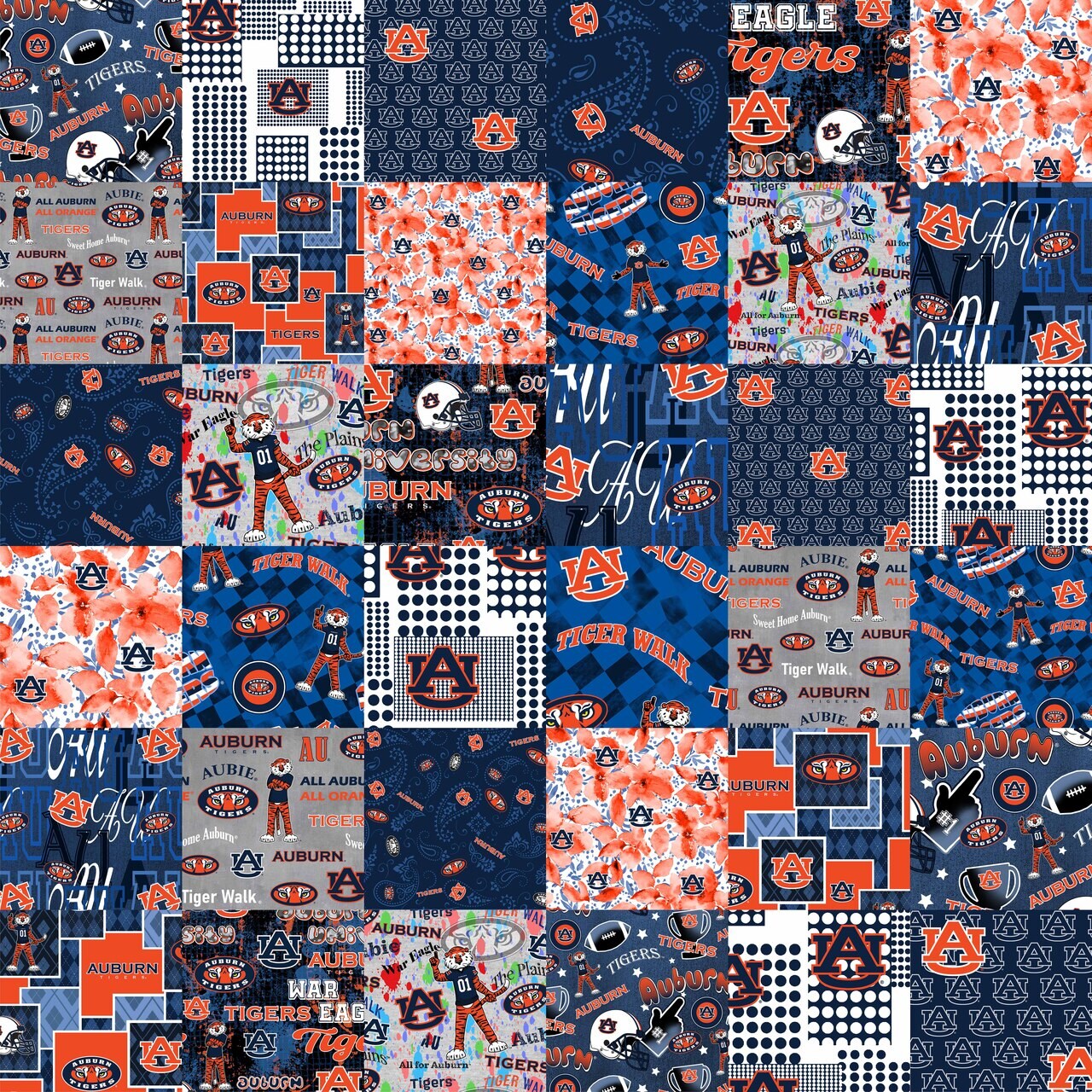 Sykel Enterprises-Auburn University Cheater Quilt Printed Cotton Fabric-Auburn Tigers Cotton Fabric with Patchwork Cheater Quilt Print-60&#x201D; Width