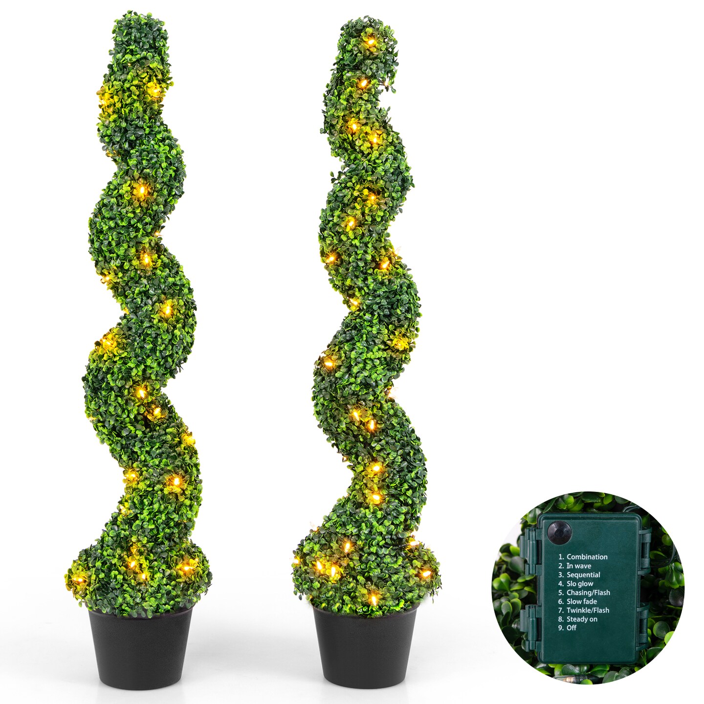 Artificial Boxwood Spiral Topiary Tree Set with Pre-Lit 100 LED Lights