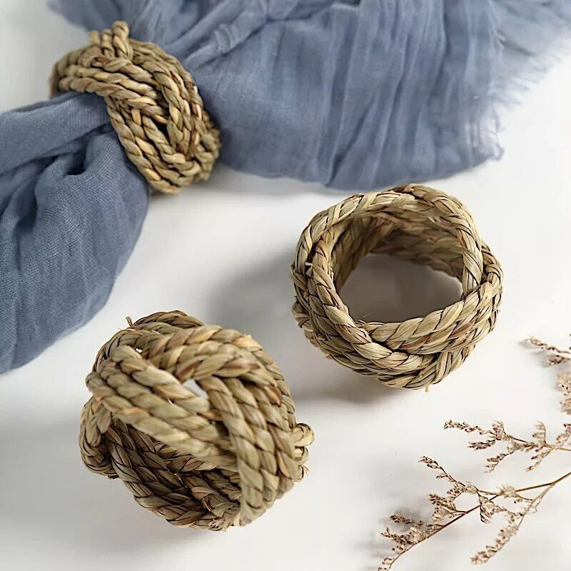 4 Natural Braided Jute Burlap Napkin Rings Dining Table Decorations Supplies