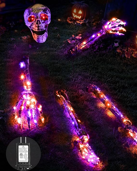 Halloween Decorations Outdoor Skeleton, Realistic Skull 5 Piece Set with 128 LED Lights Graveyard Bone, Glowing Stakes with Limbs for Yard Lawn Garden Party Decor (Orange &#x26; Purple)