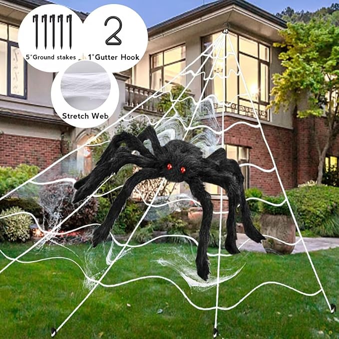 Halloween Decorations Outdoor 16 FT Giant Halloween Spider Web + 50" Large Spider, Triangular Huge Spider Web and Stretch Cobwebs Outdoor Halloween Decorations Yard Lawn Party Decor Props for Haunted