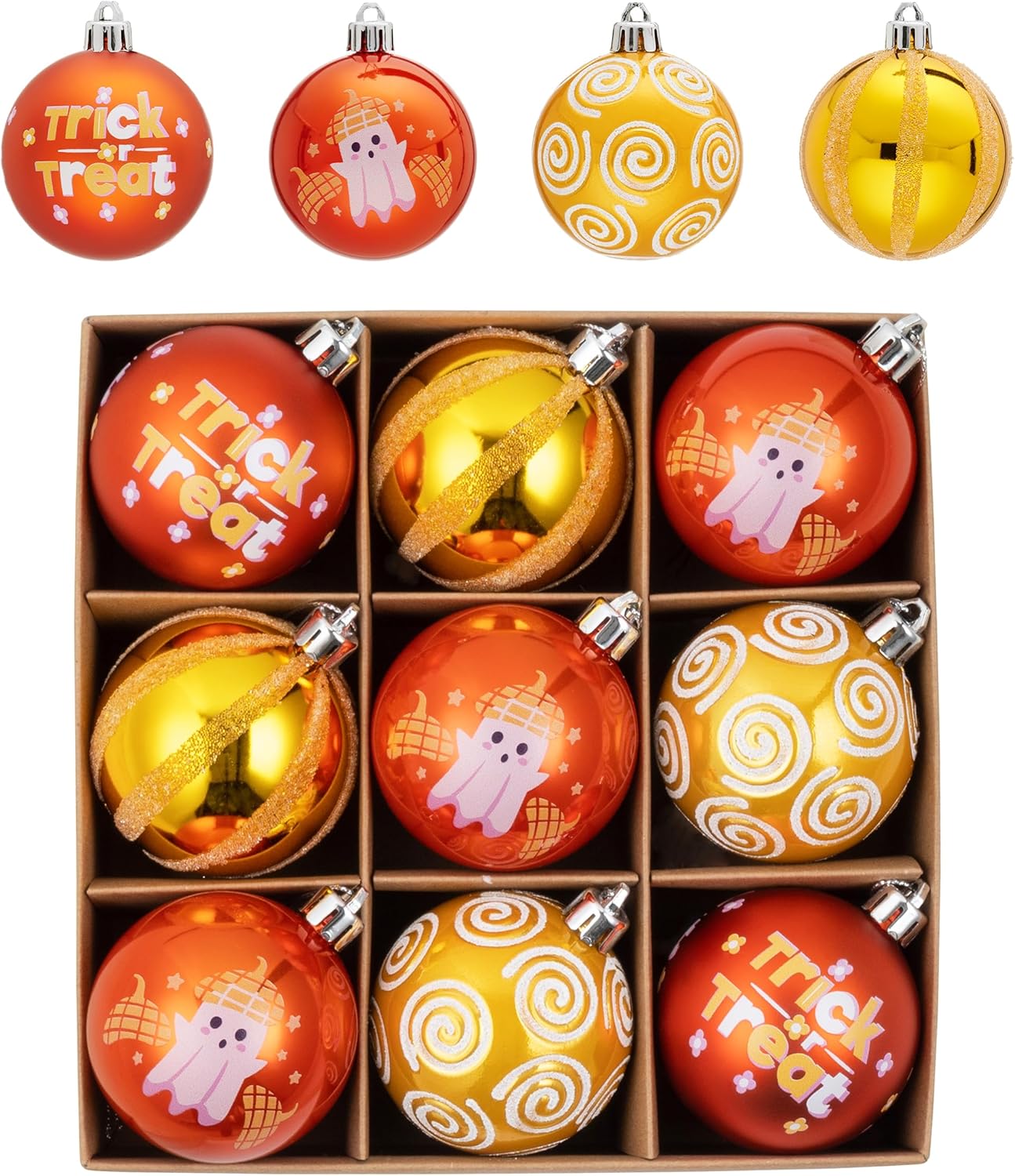 Halloween Ornaments Tree Decorations, 60mm 9ct Halloween Ornaments for Small Tree, Shatterproof Orange Gold Ghost Decorative Haning Ball Ornaments for Kids Party Home Indoor Decor