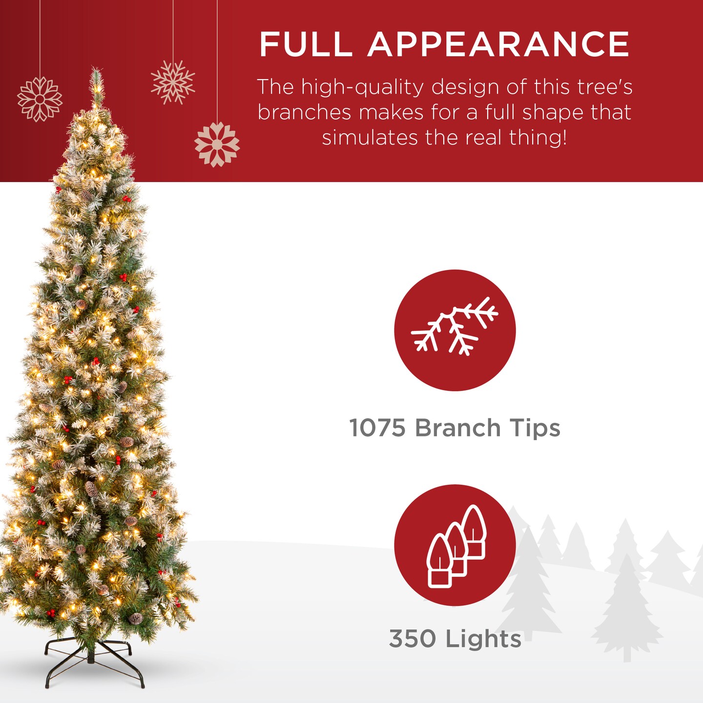 Best Choice Products Pre-Lit Pencil Christmas Tree, Pre-Decorated, Frosted w/ Flocked Tips, Lights, Base