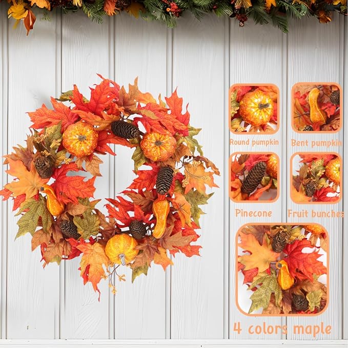 20 Inch Fall Wreath for Front Door, Fall Decor Autumn Maple Leaves Pumpkin Pine Cone Berries Wreath, Fall Decorations for Harvest Thanksgiving Halloween Farmhouse Home Outside Window Wall