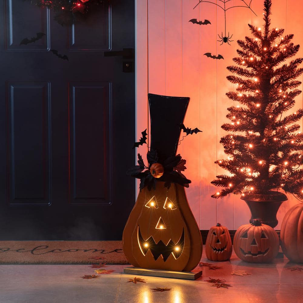 29.5 inch Halloween Lighted Wooden Jack O Lantern Porch Decor with Floral and Timer