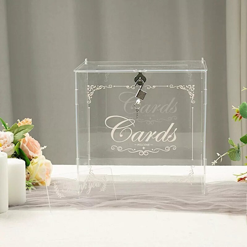 10&#x22; Clear Acrylic Wedding Gift Card Box Lock Key Thank You Sign Party Events