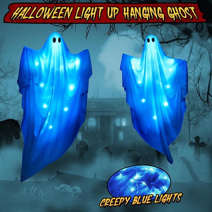 61.5&#x22; Halloween Hanging Light up Ghosts Decor - 2 Pcs Large Spooky Ghosts with Blue LED Lights, Hanging Halloween Decorations Outdoor Indoor Party for Front Porch, Tree, Patio, Yard, Lawn Garden