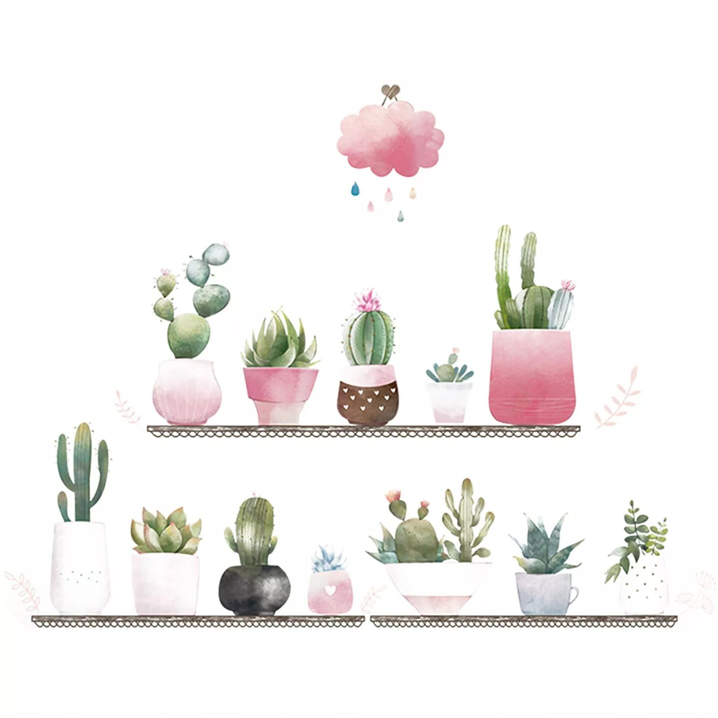 Green Wall Stickers Potted Succulent Plants on Shelves Removable PVC Bedroom