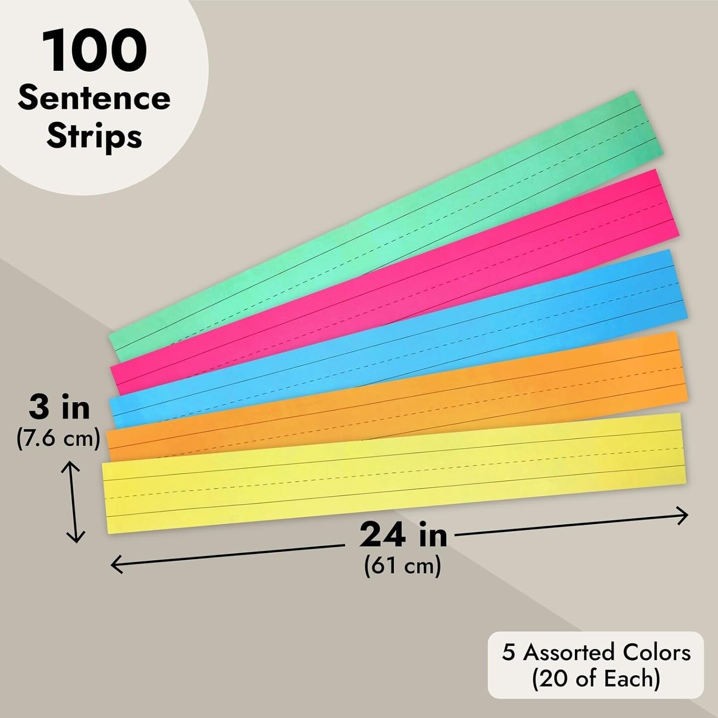 100 Pack Colored Sentence Strips for Teacher Supplies, Classroom, Lined Paper Borders for Writing Words (5 Colors, 3 X 24 In)