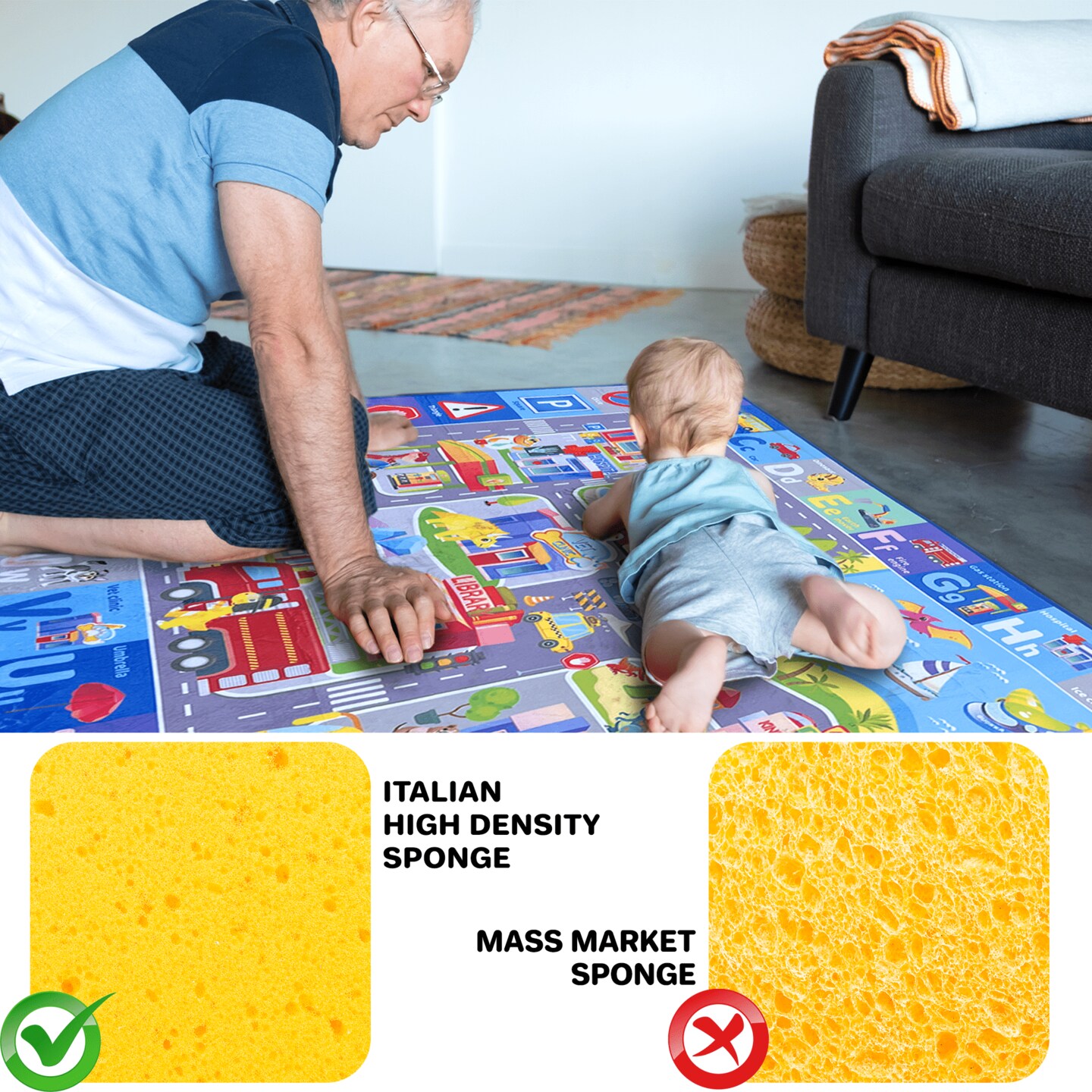 QUOKKA Floor Playmat for Babies Super Soft Plush ABC Play Mat for Kids Toddlers &#x26; Infants - Extra Thick (0.8cm) Large Padded Non-Slip Car Nursery Rug with City - Foldable Mat for Playroom