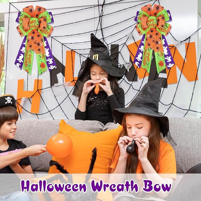Halloween Wreath Bow, Halloween Decorations Orange Purple Bow Spider Web Burlap Tree Topper Bows for Wreaths, Fall Halloween Decorations for Outdoor, Indoor